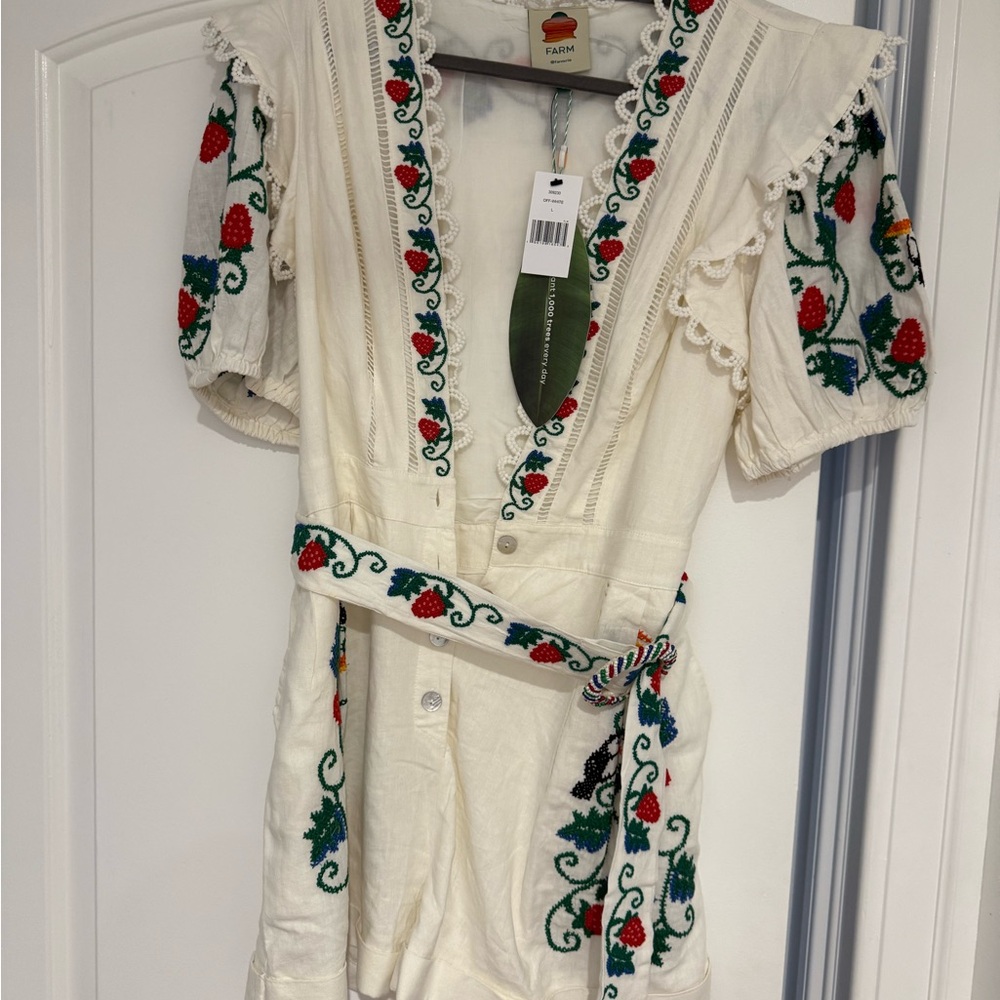 FARM Rio Cream Jumpsuit with Red and Green Embroidery